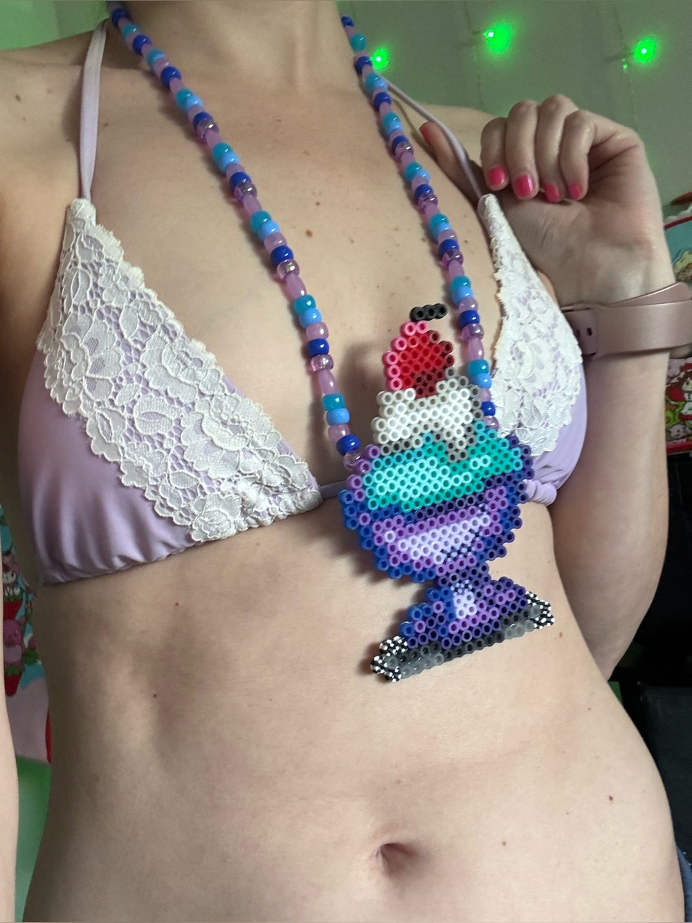 Handmade Kandi Necklace – Sundae Parfait Beaded Charm | Cute Kawaii Rave Festiva